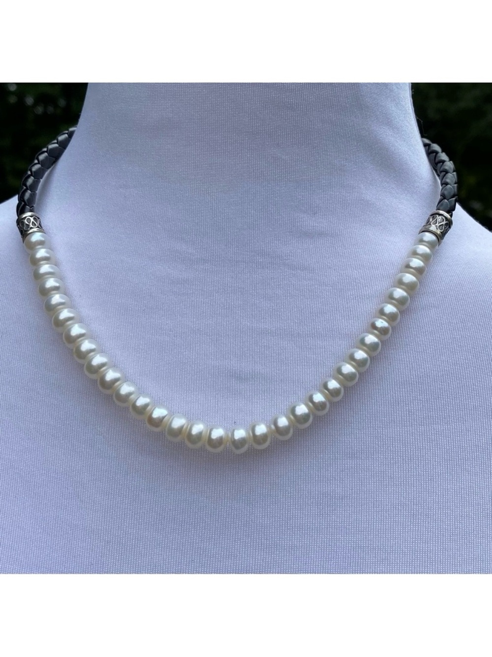 NECKLACE FRESHWATER PEARLS BLACK BRAIDED LEATHER 925 STERLING SILVER 17”